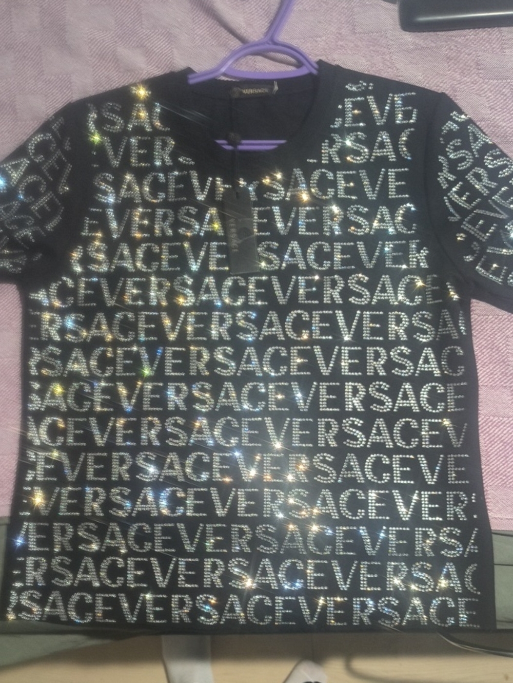 Versace XL Black Tee & Matching Pants with Crystal Logo Print